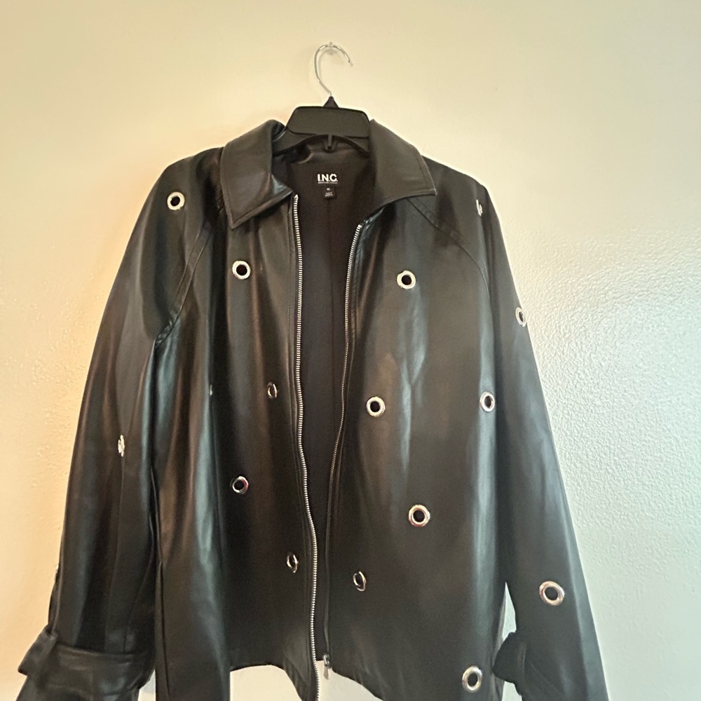 INC International Concepts Women's Black Leather Like Jacket with Eyelet Accents